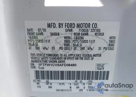 2010 Ford F150 Supercrew из США, поврежденный, VIN 1FTFW1CV5AFD08480